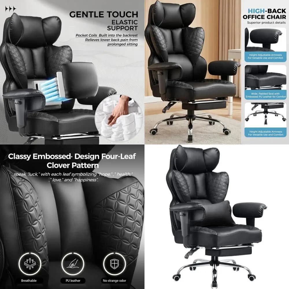 Sedia da gaming ergonomica e robusta con seduta larga, in pelle deluxe, poggiapiedi, 150 ° Reclinabile, braccioli regolabili e supporto per cuscino