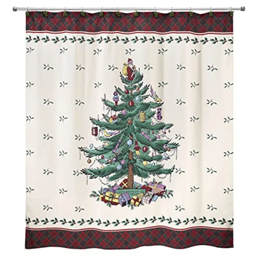 Tenda da doccia in tessuto, decorazione natalizia per il bagno, collezione Tartan con albero di Natale, 72 pollici