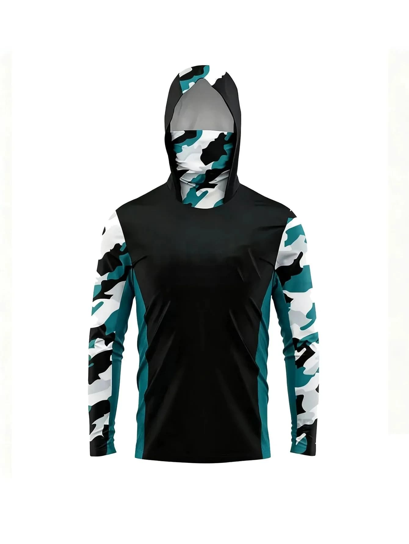 Outdoor Men Fishing Hooded Shirt Protection Camouflage Spliced Built‑in Face Cover Quick‑Dry Breathable Long Sleeve Tops