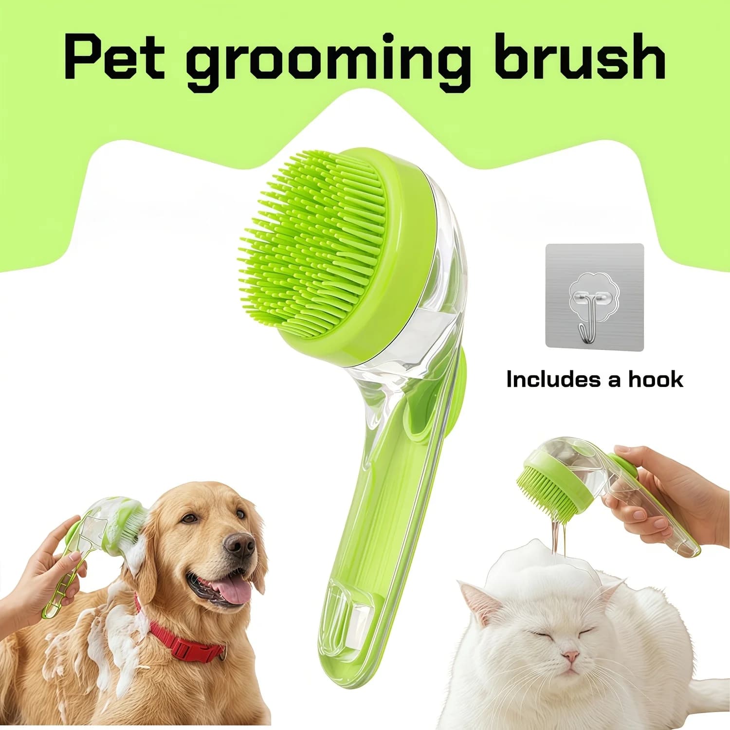 2-in-1 Pet Grooming Brush with Soap Dispenser - Soft Silicone Bristles for Bathing & Massaging Dogs Cats All-Coat Type Use