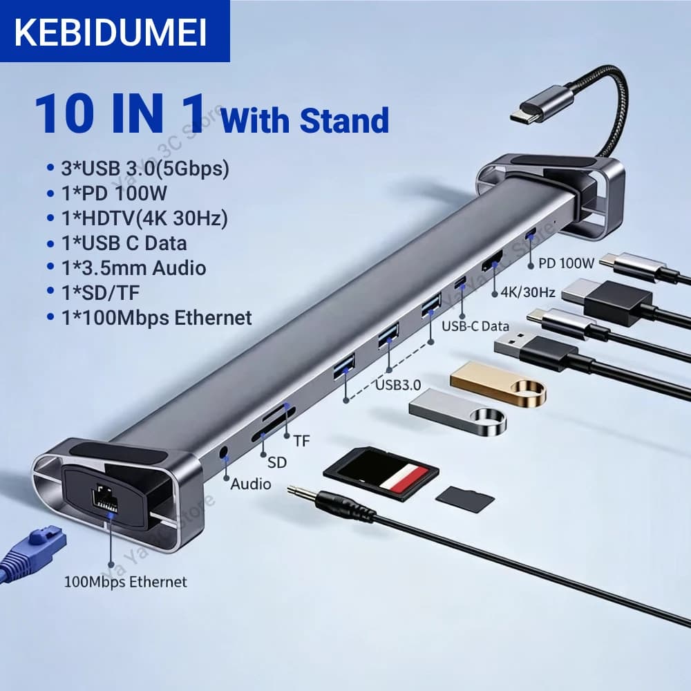 KEBIDUMEI Hub USB-C 10 in 1, USB 3.0 5Gbps, 4K 30Hz HDTV, RJ45 100Mbps, Docking Station USB-C, SD/TF, Ricarica 100W, Supporto per Laptop