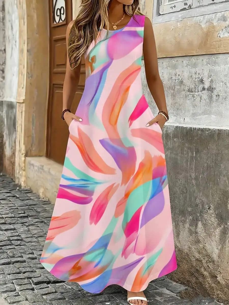 Sleeveless Maxi Dress Pink Multicolor Abstract Print Summer Beach Vacation Wear