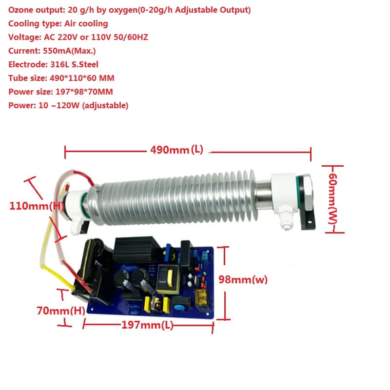 Modulo generatore di ozono con tubo al quarzo con raffreddamento ad aria 20g 10g 8g 5g 3g per parti del generatore di ozono del depuratore d'acqua dell'aria