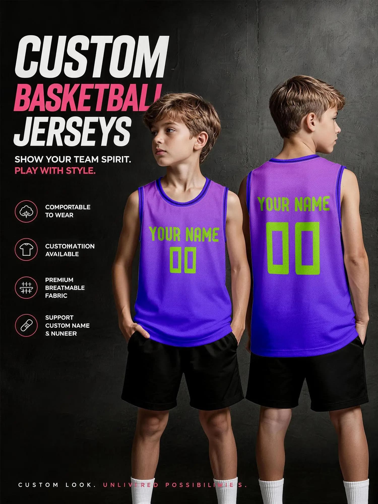 Purple Custom Basketball Jersey with Purple Trim, Print Name & Number, Breathable Quick‑Dry for Kids Adults