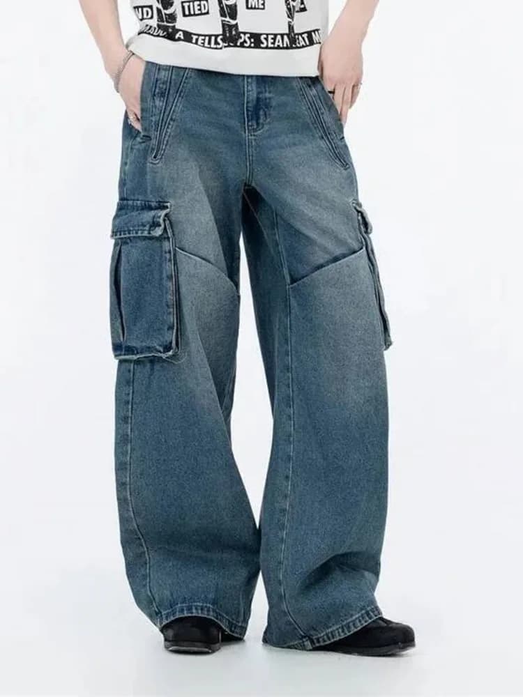 Men's Cargo Workwear Jeans Light Wash Multi Pocket Wide Leg Baggy Casual Streetwear Denim Long Pants NX7P
