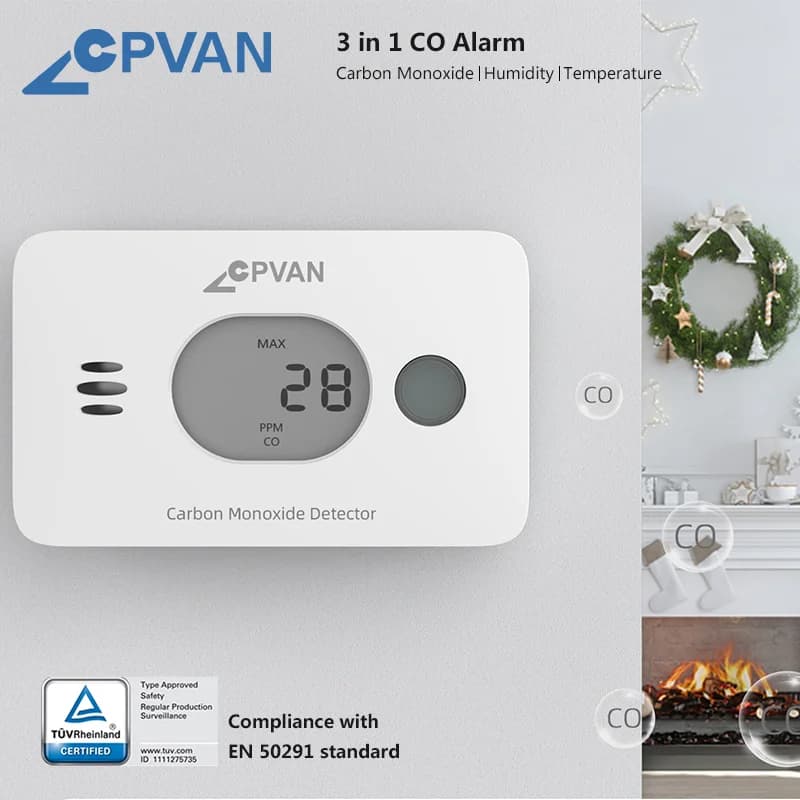 Rilevatore di monossido di carbonio 3 in 1 con schermo digitale di temperatura e umidità Rilevatore di CO wireless Protezione di sicurezza domestica Allarme CO