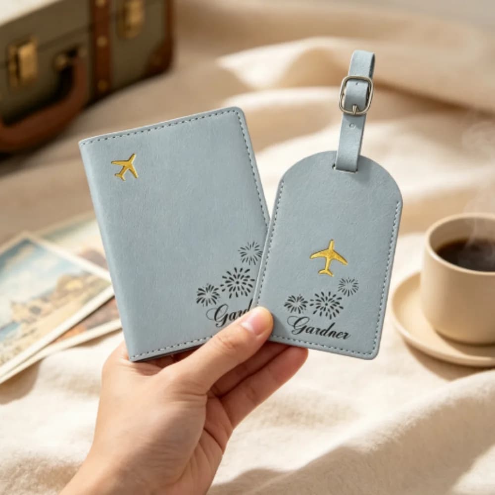 Custom Name Passport Holder & Luggage Tag Set, Secure Leather Travel Kit, Romantic Meaningful Keepsake Gift