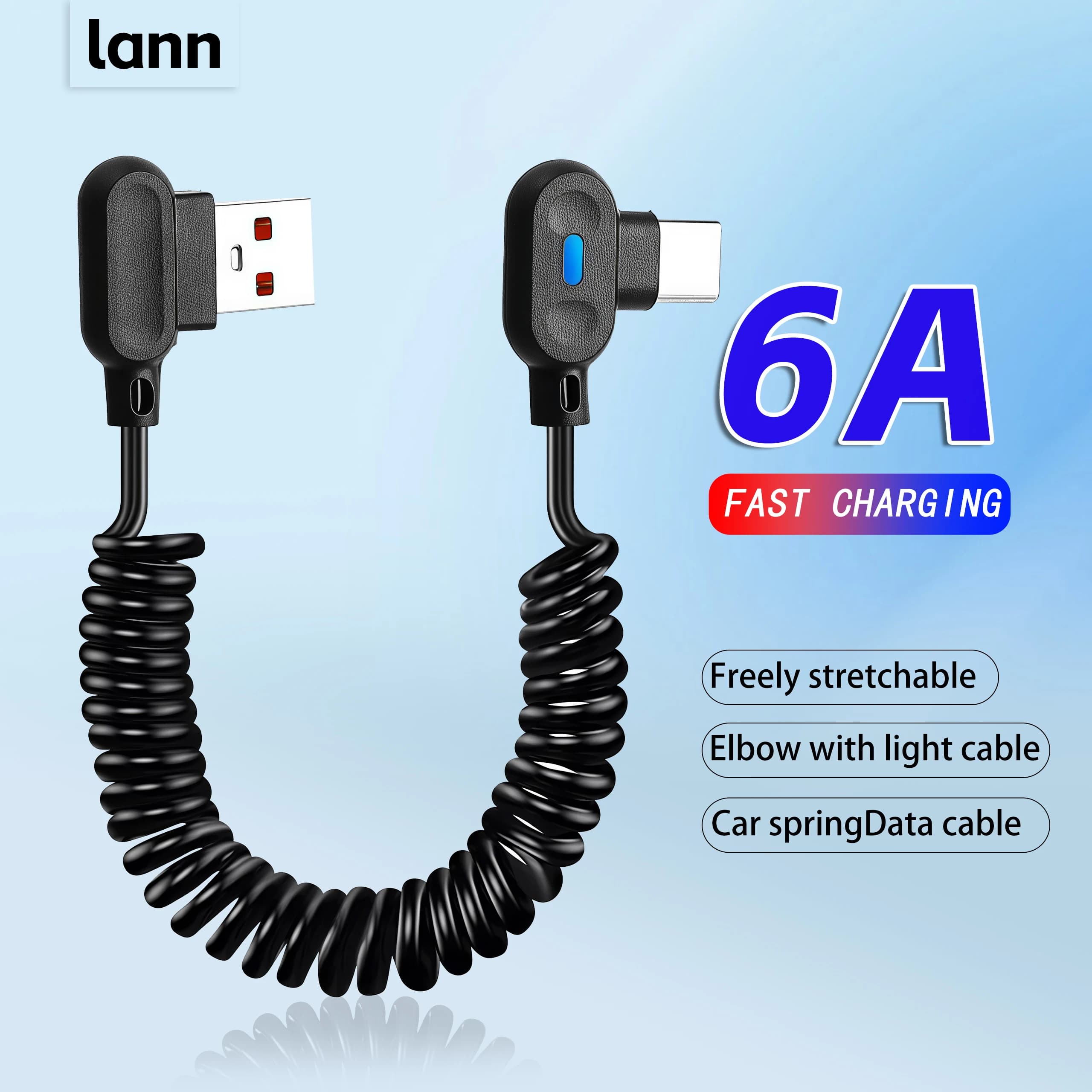 Cavo USB Type C 5A per ricarica rapida, telescopico a spirale con luce, per iPhone 16 15 Samsung Huawei Xiaomi