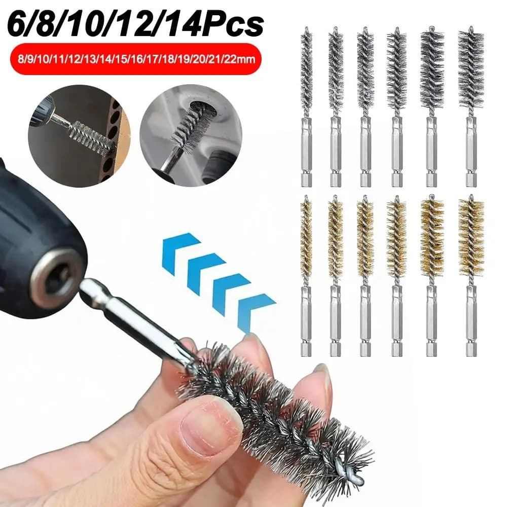 6/8/10/12/14Pcs Stainless Steel Steel Bore Brush Washing Polishing Tools 1/4 6.35mm Hex Shank Twisted Wire Borebrush With Handle