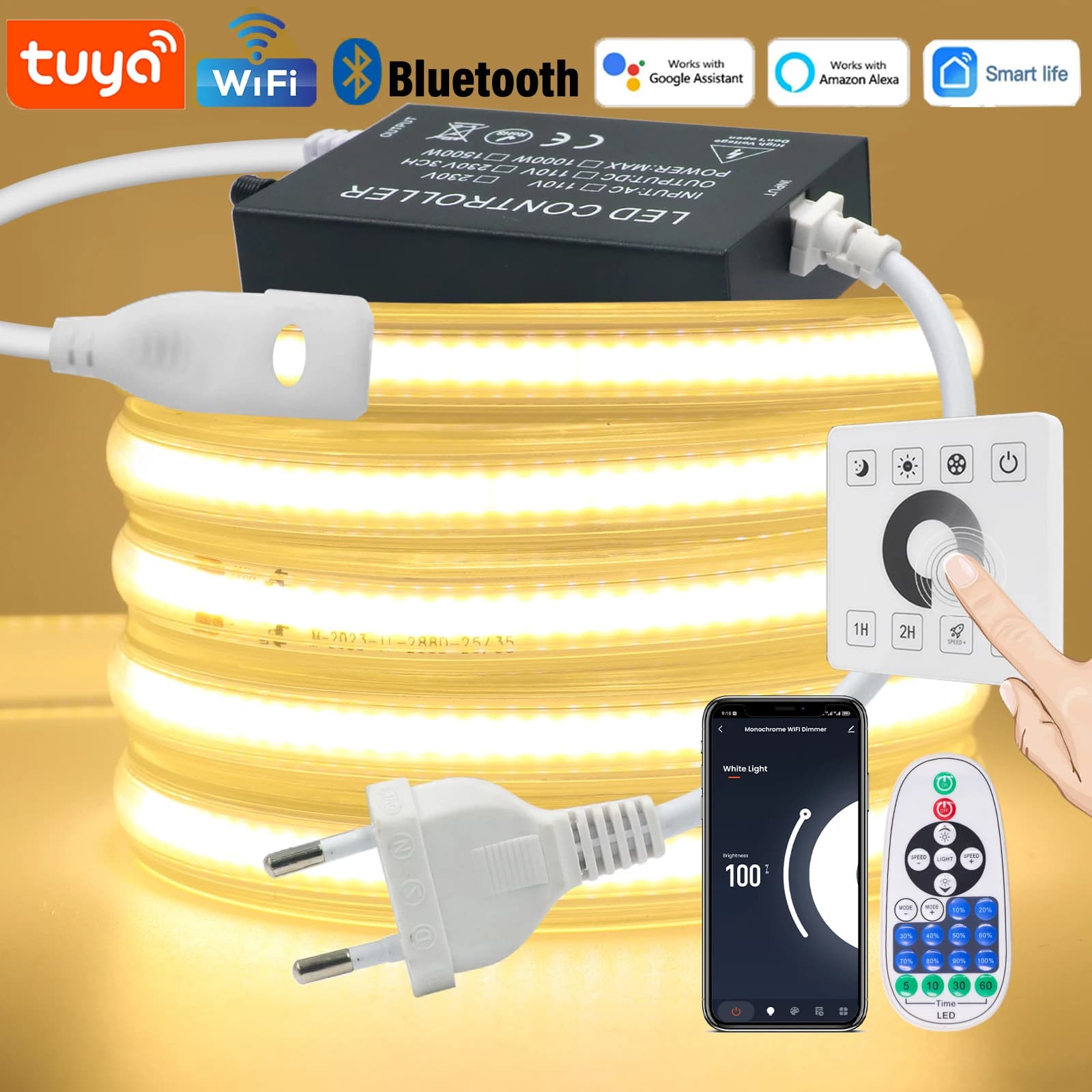Dimmable COB LED Strip Light 220V EU 288LEDs/m Tuya WiFi Bluetooth IR Flexible Tape Waterproof COB Linear Light Bar 3000K 6000K
