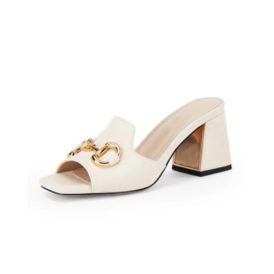 gihubafuil Women's Sandals Peep Toe Slides Chunky Heel Mules Single Band Comfort Slip-on Shoes with Metal Chain for Spring Summ