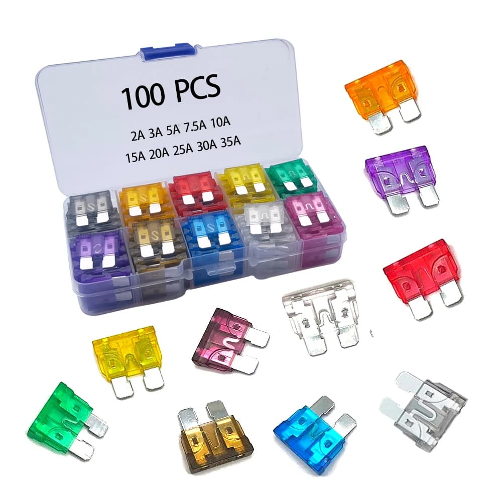 Fuses for 2A to 35A cars, 10 Types, 100 Pieces, Fuses for Ignition, Spotlights, Air Conditioning, Safety pipes