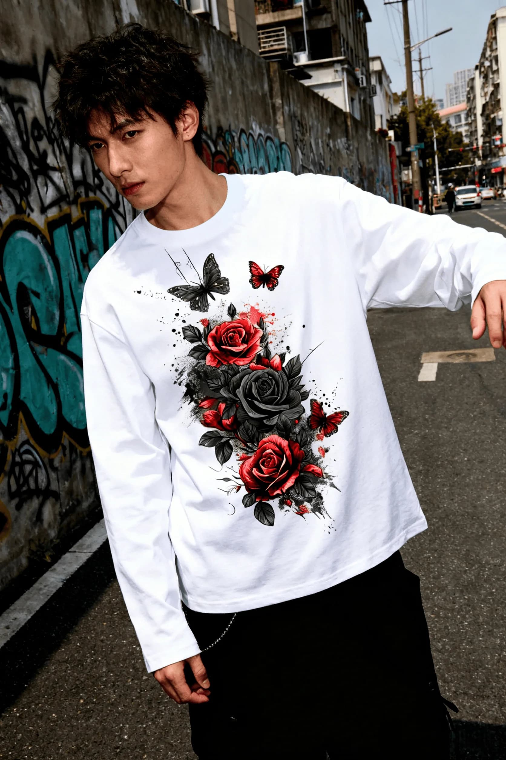 New Men's and Women's T-shirts, trendy print on long sleeves with roses and butterflies in style, casual short sleeve t-shirts for couples