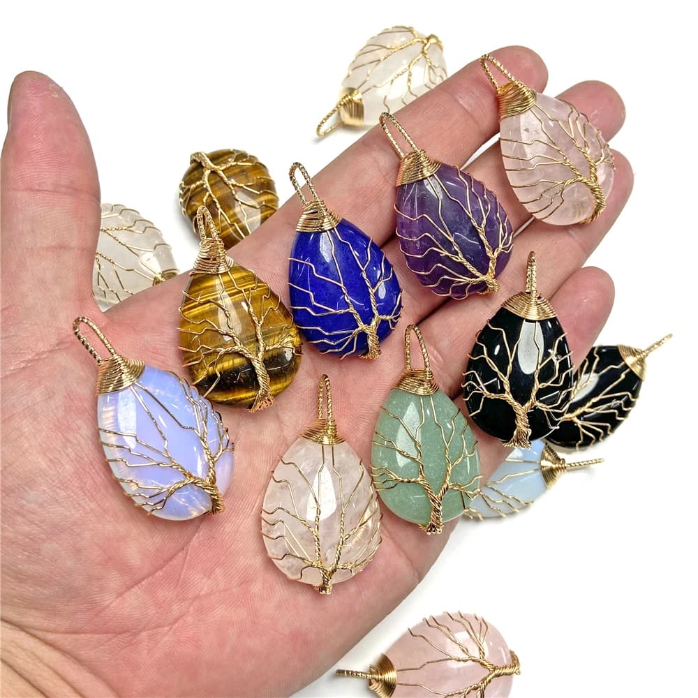 1PC 24 x40mm Wire Wrap albero della vita cristalli collana pendente goccia d'acqua collana in pietra naturale accessori per la creazione di gioielli Bulk