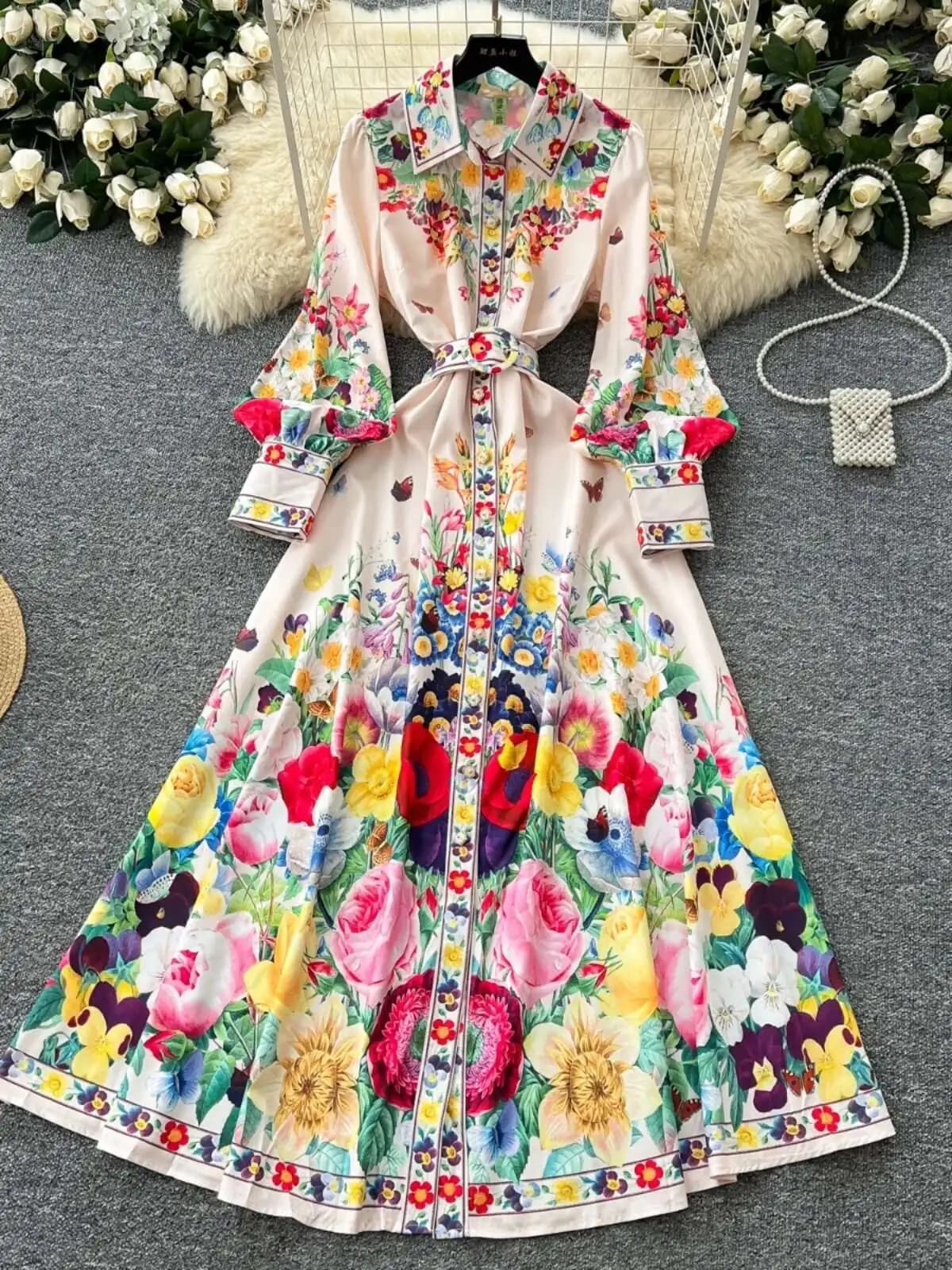 Lanterna a maniche lunghe con fiori maxi abiti eleganti camicia da donna primavera estate monopetto con stampa floreale di perle cintura per abiti da festa