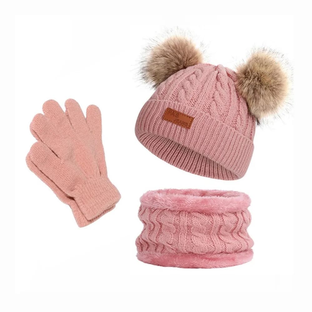 Guanti sciarpa cappello bambino tinta unita Set caldo addensare antivento cofano bambino berretto lavorato a maglia pompon pompon cappelli lavorati a maglia ragazze ragazzi