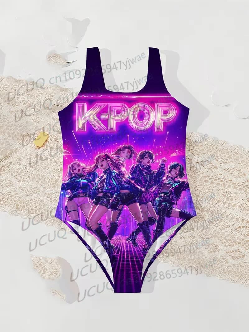 Costume da bagno intero estivo da donna e ragazza, senza maniche, bikini da spiaggia, elegante, con stampa Kpop Girl, per le vacanze