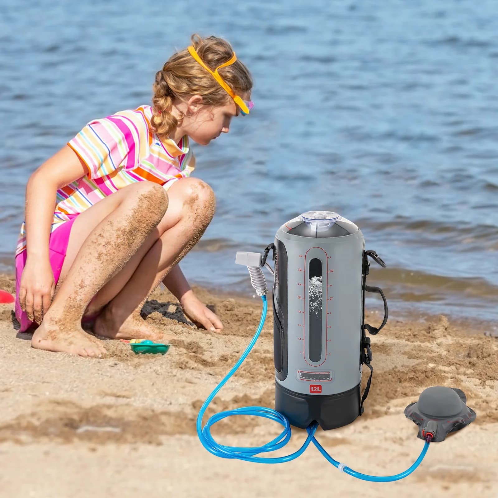 Doccia da Campeggio 12L, Doccia Solare da Giardino con Pompa e Tubo Portatile e Rimovibile