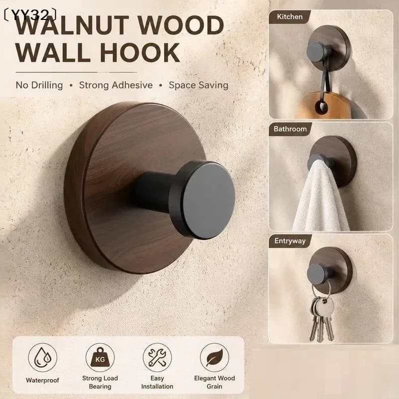 Wood Grain Suction Hook Strong Adhesive Wall Hook Kitchen No Drill Holder Rack Durable Walnut Wooden Wall Mounted Hooks〔YY32〕