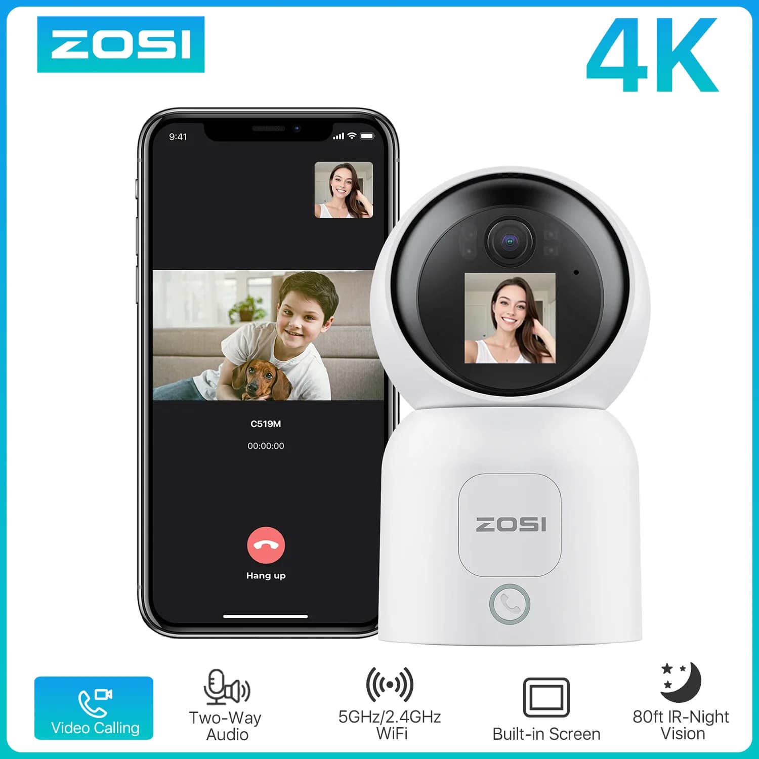 ZOSI C519M Telecamera di sicurezza 4MP/5MP/4K Telecamera di sorveglianza WiFi per interni 2.4/5GHz Video bidirezionale Baby/Pet Monitor 360 ° Vedi la camma domestica