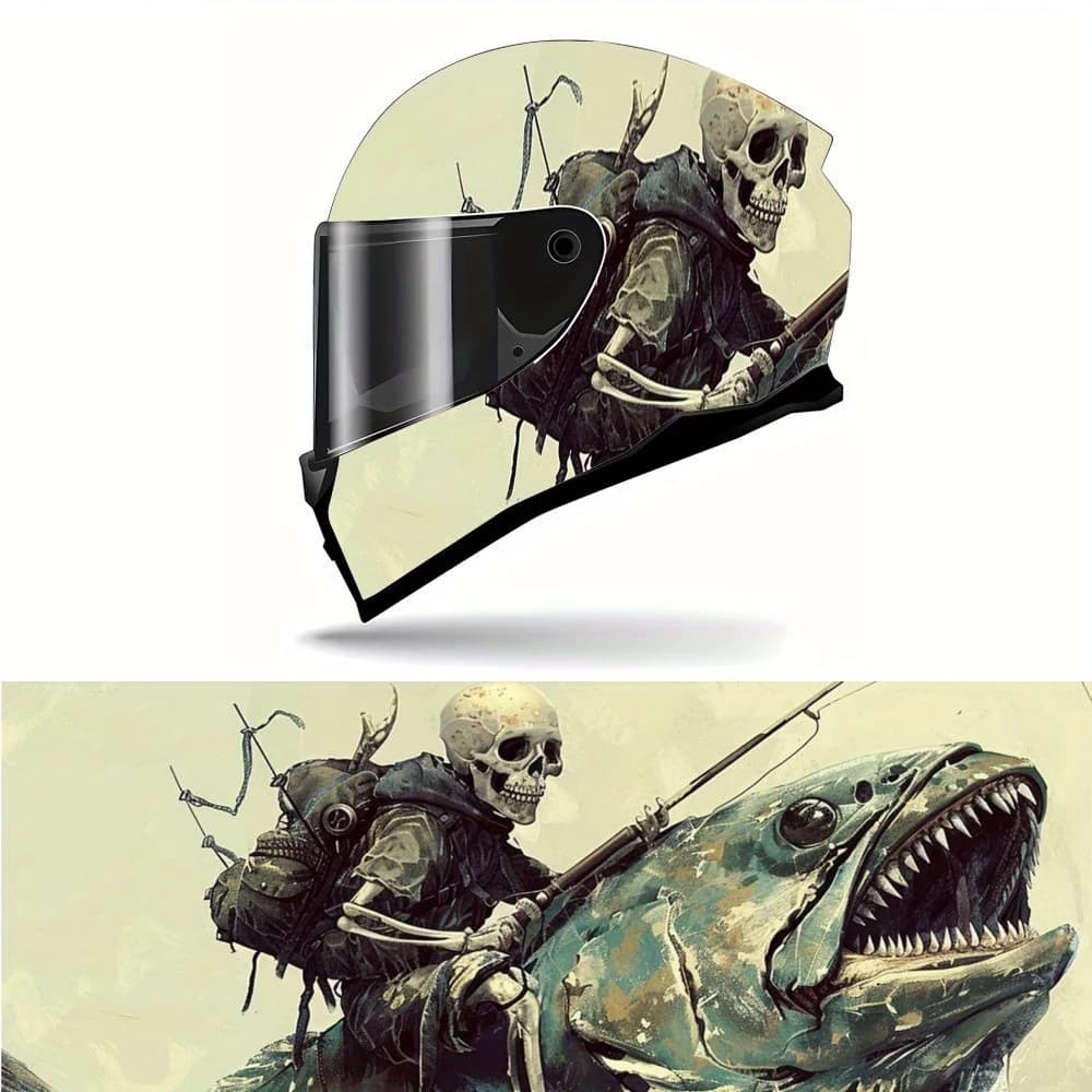 Fantasy and Dark Skeleton Fisherman Riding Shark Fishing Print Full Helmet Wrap Sticker Motorcycle Helmet Racing Graphic Decal V