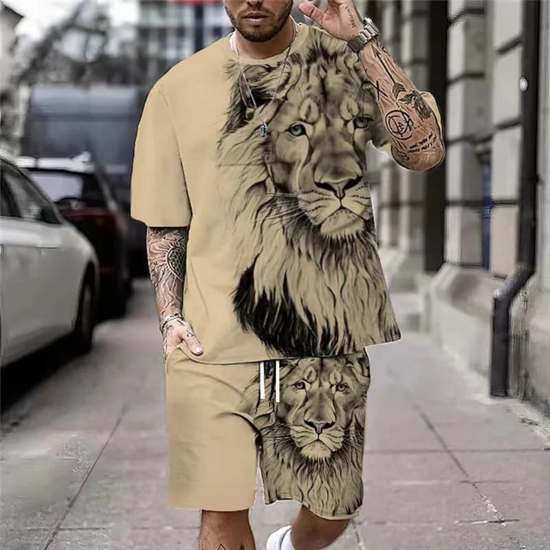 New Cross-border AliExpress 3D Lion Print Fashionable Men's Sportswear 2-piece Summer Suit T-shirt Shorts Men Clothing