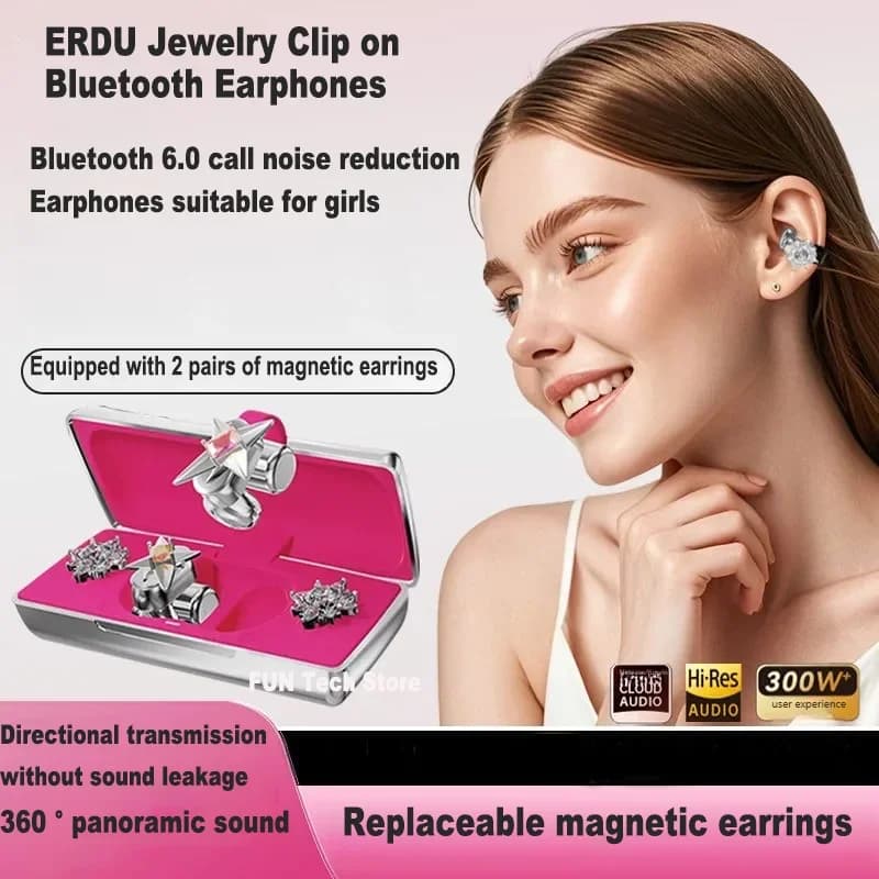 Auricolari wireless ERDU con clip per l'orecchio, orecchini magnetici, Bluetooth 6.0, suono panoramico, cuffie alla moda per ragazze, idea regalo per OOTD.