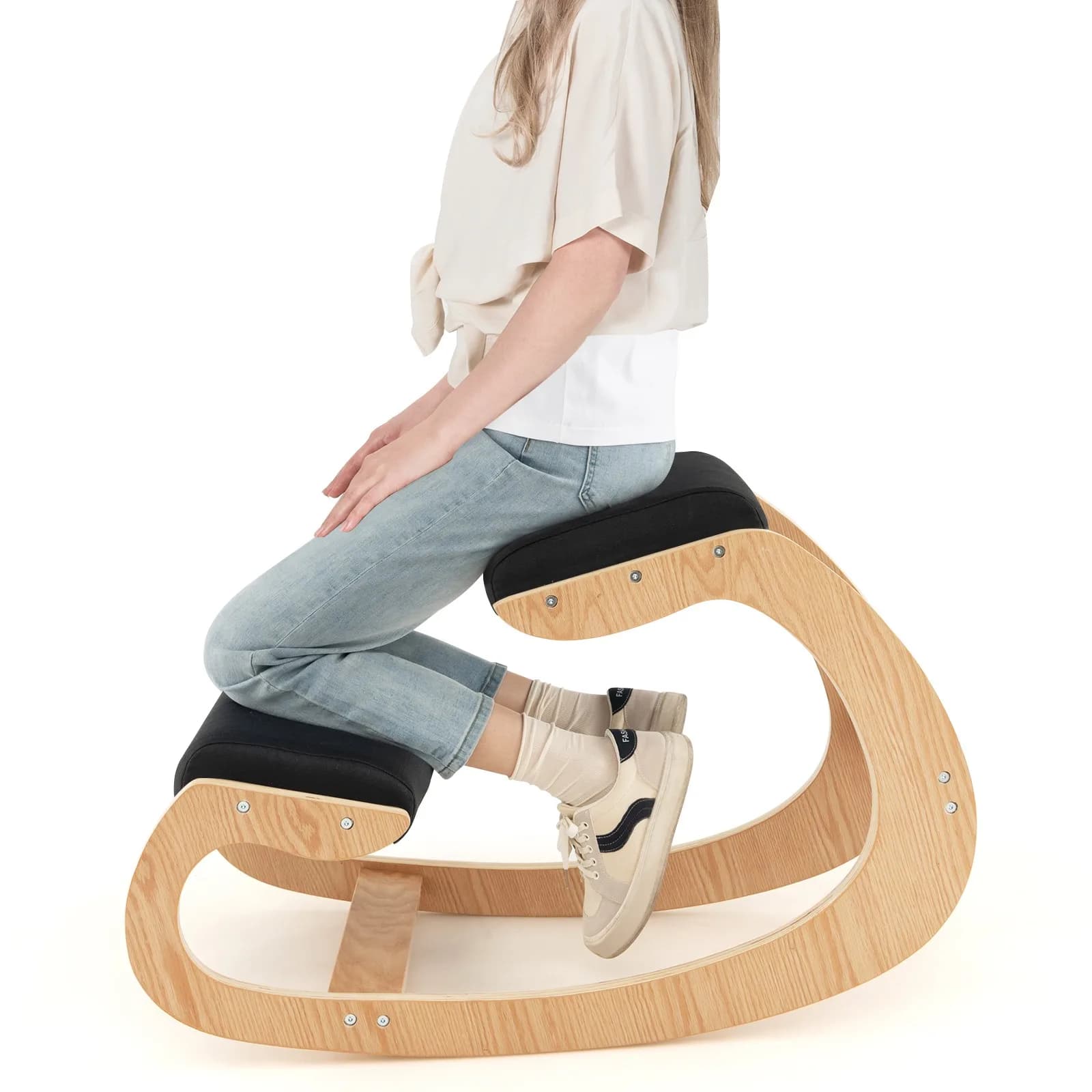 Sgabello ergonomico in legno con schienale e cuscino per il collo, nero
