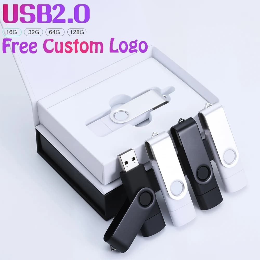 Confezione regalo Logo personalizzato gratuito Chiavetta USB 128MB 256MB 1GB 2GB Tipo-C Chiavetta USB rotante a doppio uso 128GB 64GB 32GB per fotografo