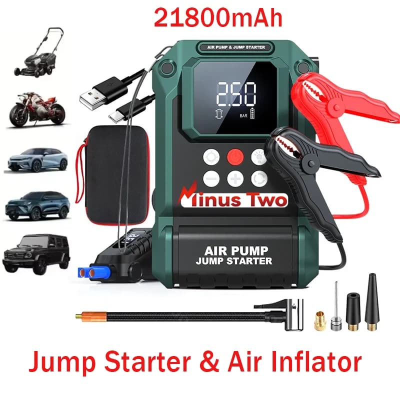 Avviatore di Emergenza per Auto 2000A 150PSI con Compressore d'Aria, Gonfiatore Pneumatici, Ampio Display LCD, Luce LED, per Auto, Bici e Moto