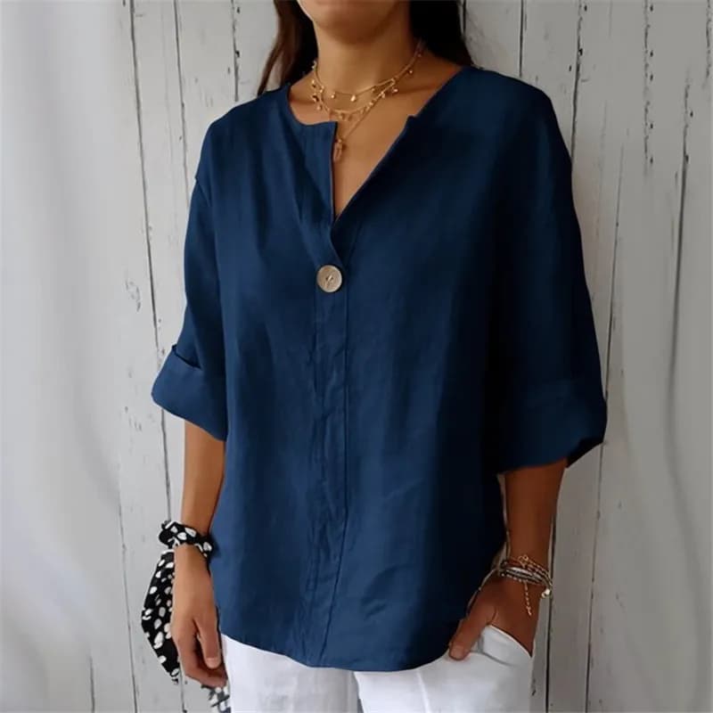Camicette estive in cotone e lino per donna 2025 T-shirt con bottoni con scollo a V taglie forti T-shirt casual a mezza manica nera T-shirt da donna allentata