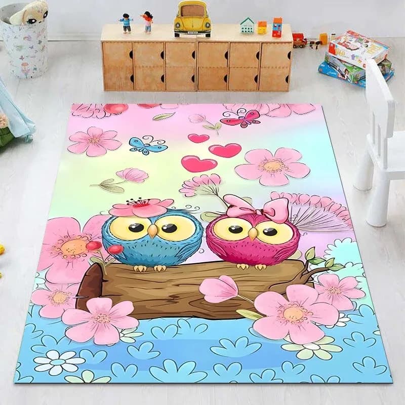 Tappeto con Disegno di Coppia di Gufi e Fiori, Adorabile Tappeto Animale per Soggiorno, Camera da Letto, Cucina, Bagno, Ingresso e Yoga