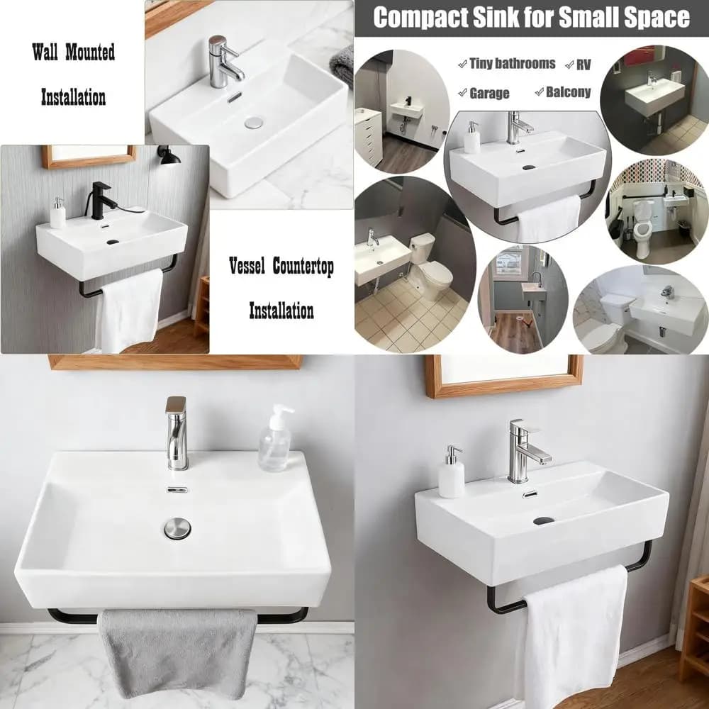 Lavabo da bagno sospeso a parete 14 x 20 con portasciugamani e troppopieno per camper o mobiletto da bagno