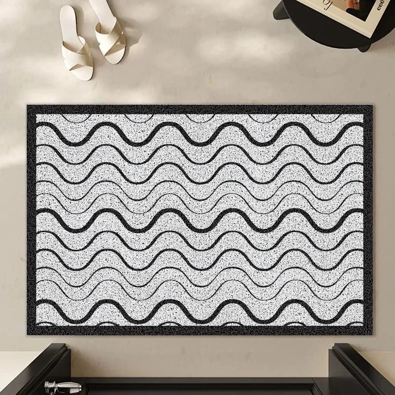 Linee ondulate in bianco e nero Tappetino resistente allo sporco con anello in filo Semplice tappetino per porta d'ingresso per pavimento domestico Tappeto per soggiorno camera da letto