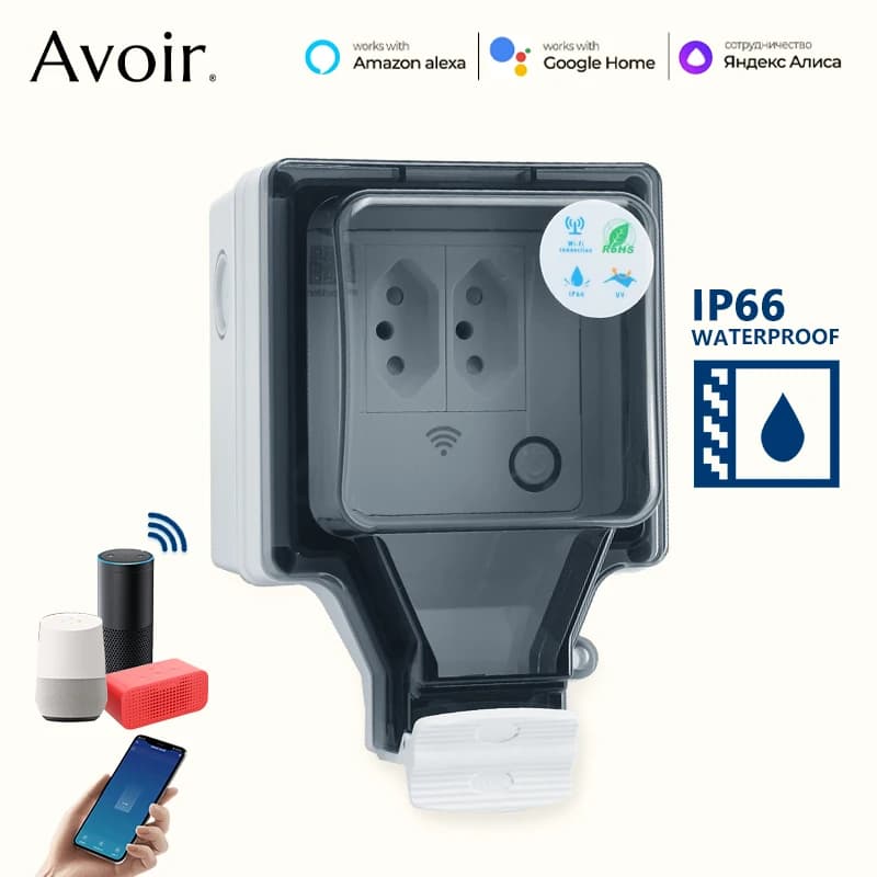 Avoir Tuya Wifi Smart Socket IP66 Outdoor Waterproof Power Brazil Outlet Voice Control Timer Switch Work With Google Home Alexa