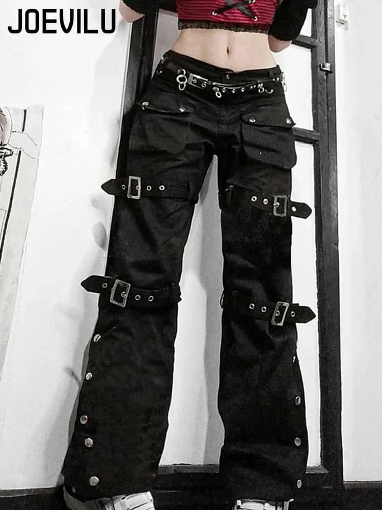 Jeans a gamba dritta a vita alta con bottoni in metallo Pantaloni con cavallo basso Streetwear Pantaloni in denim cargo Y2K moda Hip Hop per donna