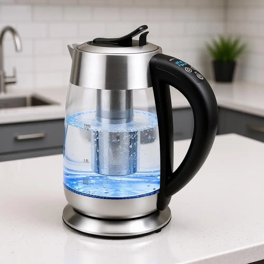 Bollitore Elettrico in Vetro da 1,8 Litri Senza BPA - 1500W con Acciaio Inossidabile, Controllo della Temperatura, Spegnimento Automatico, Porta USB