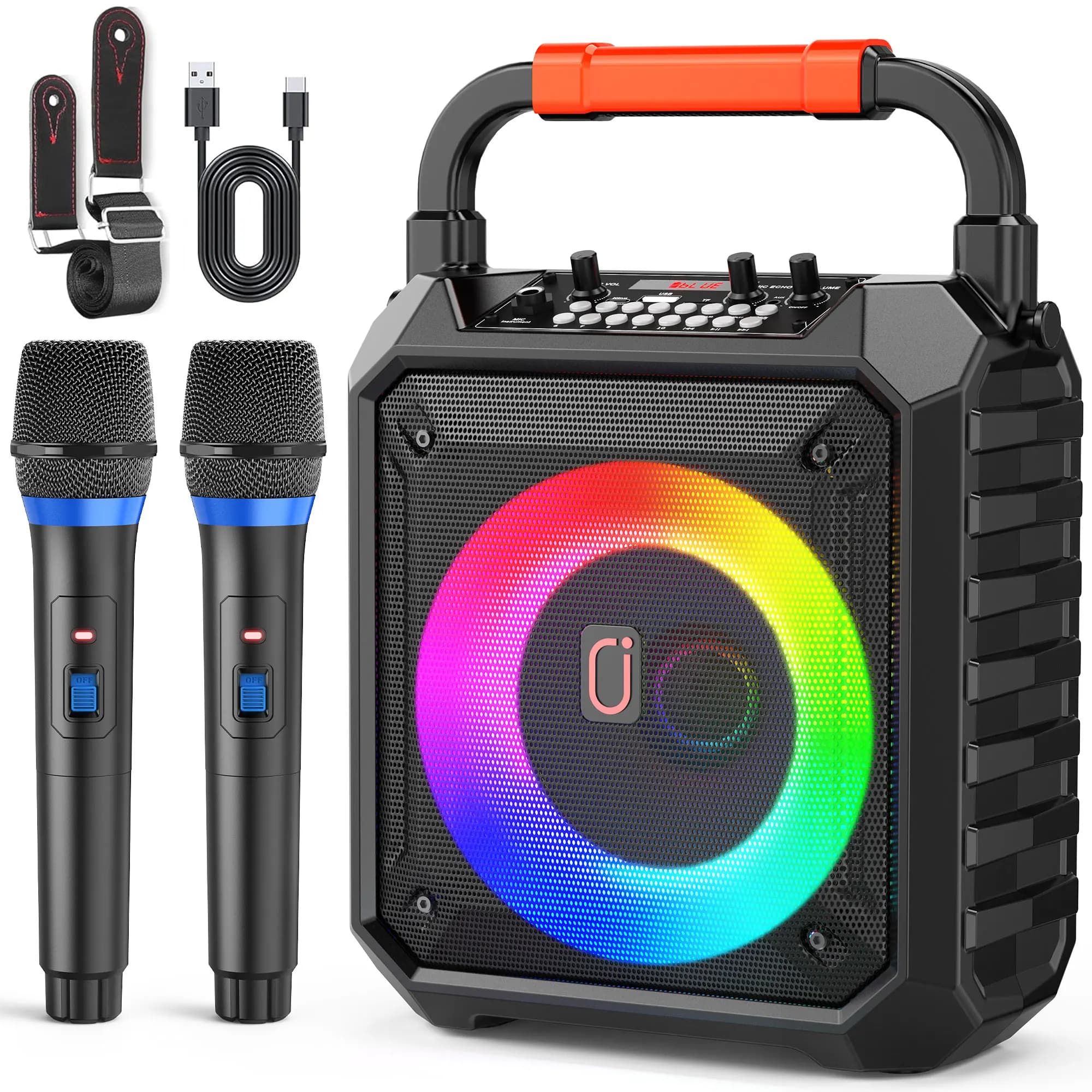Macchina per karaoke con 2 microfoni wireless, altoparlante portatile con luci a LED per bambini e adulti, supporta Bluetooth/USB/TF/AUX