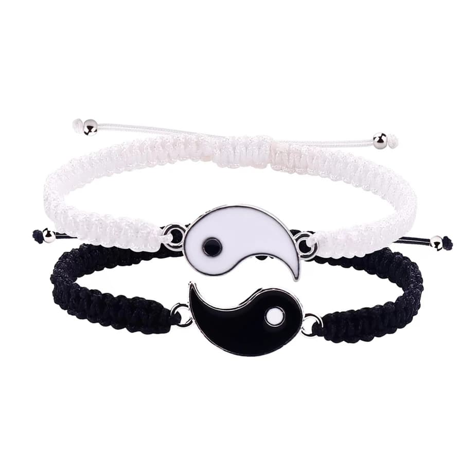 Set di 2 Braccialetti Semplici Tai Chi Bagua Bianco e Nero Yin e Yang Intrecciati con Corda Regolabile Telescopica per Uomini e Donne Coppia