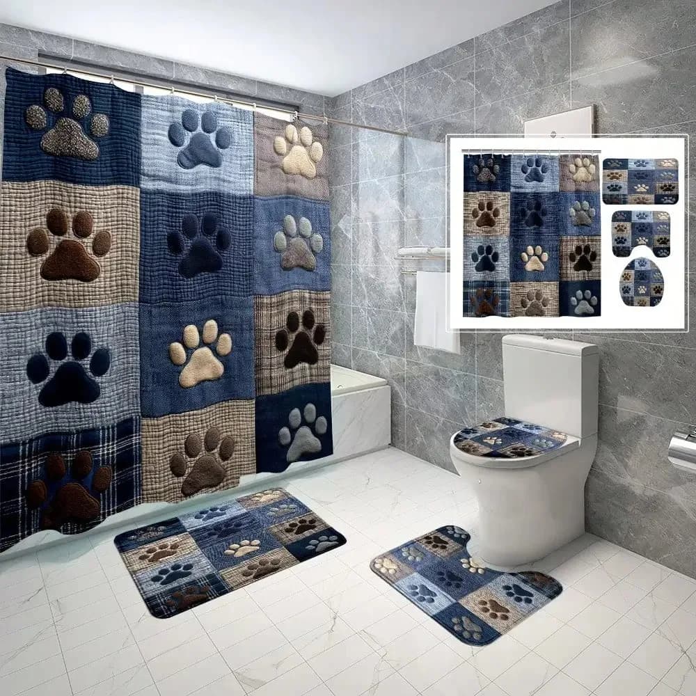 1/4pcs Dog Paw Print Pattern Pattern Shower Curtain Set, Shower Curtain with 6/12 Hooks, Non-Slip Bath Rug, U-Shape Mat