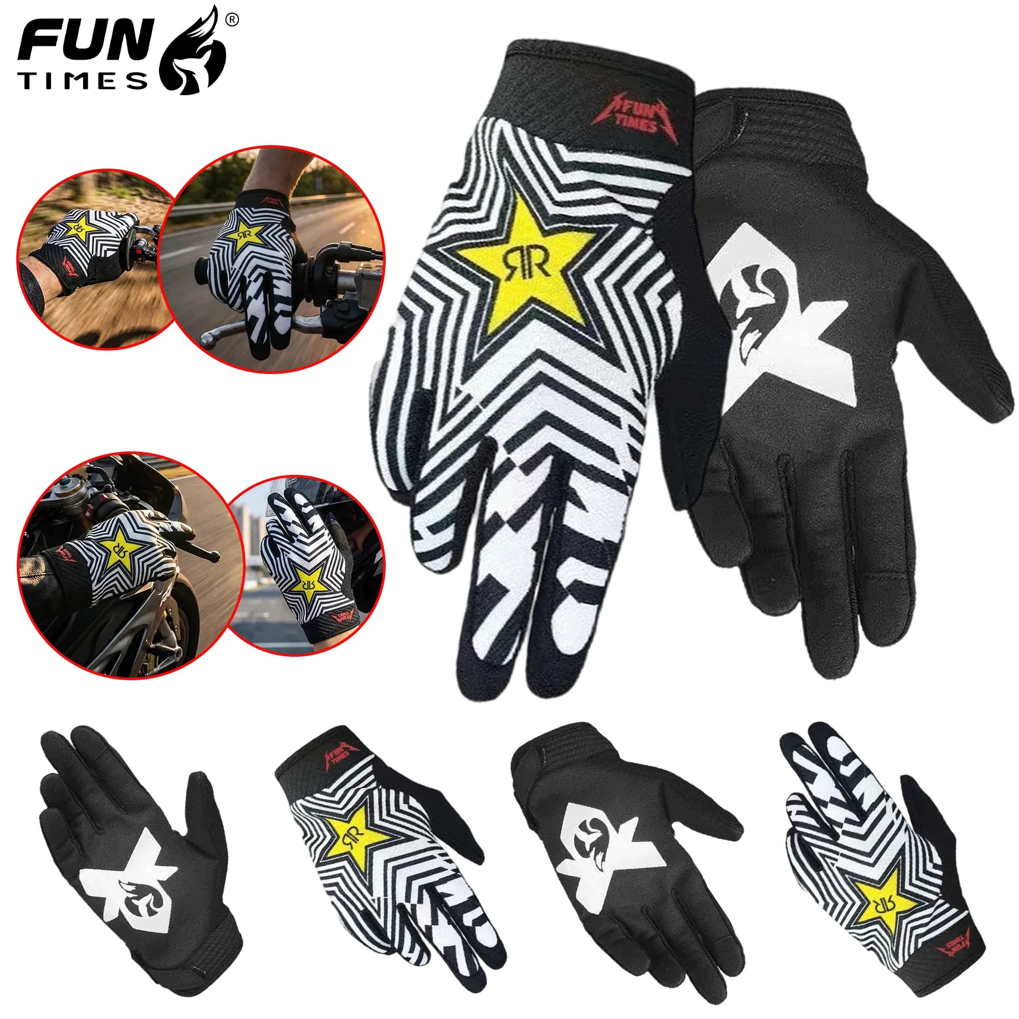 FUNTIMES ultimo design con motivo a volpe piccola guanti da motociclista a dita intere guanti con dita divise a righe bianche e nere