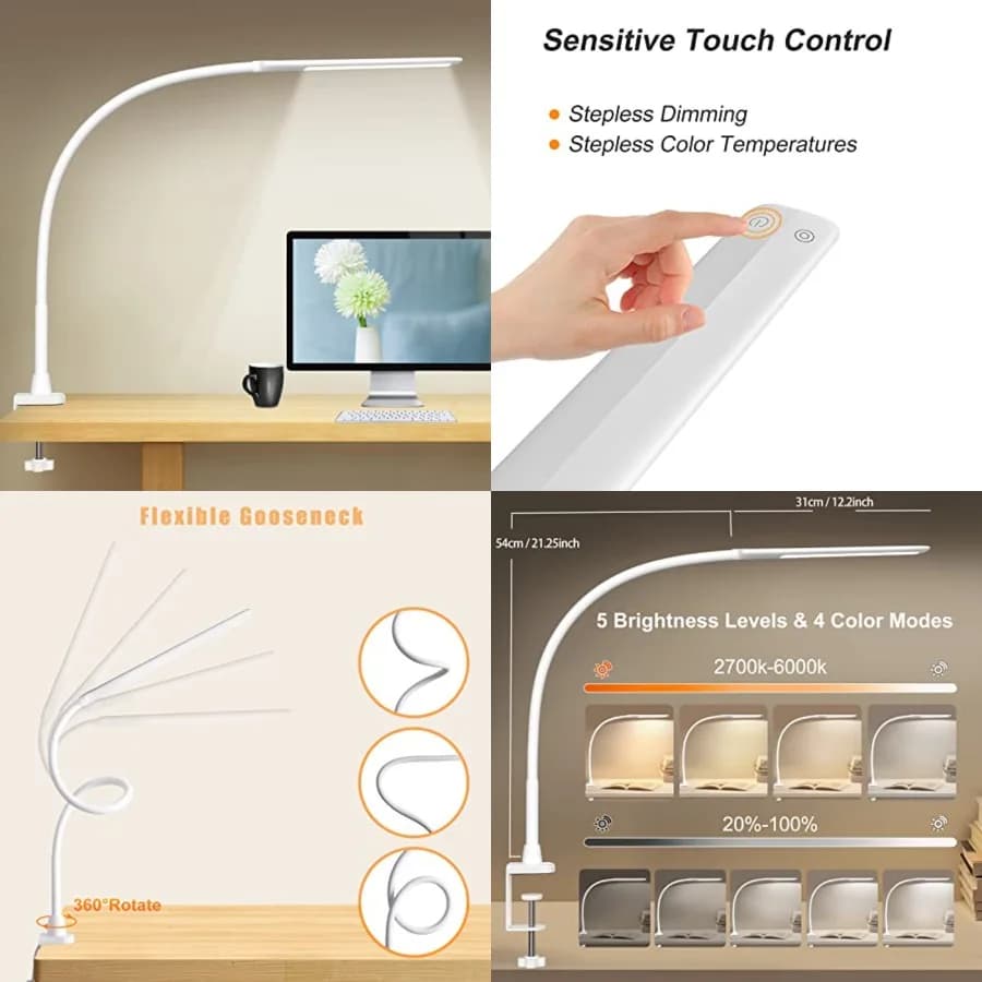 Lampada da Scrivania LED con Morsetto, Lampada da Tavolo Flessibile a Collo d'Oca per Architetti - 5 Livelli di Luminosità e 4 Modalità di Colore, Controllo Touch, Protezione Occhi