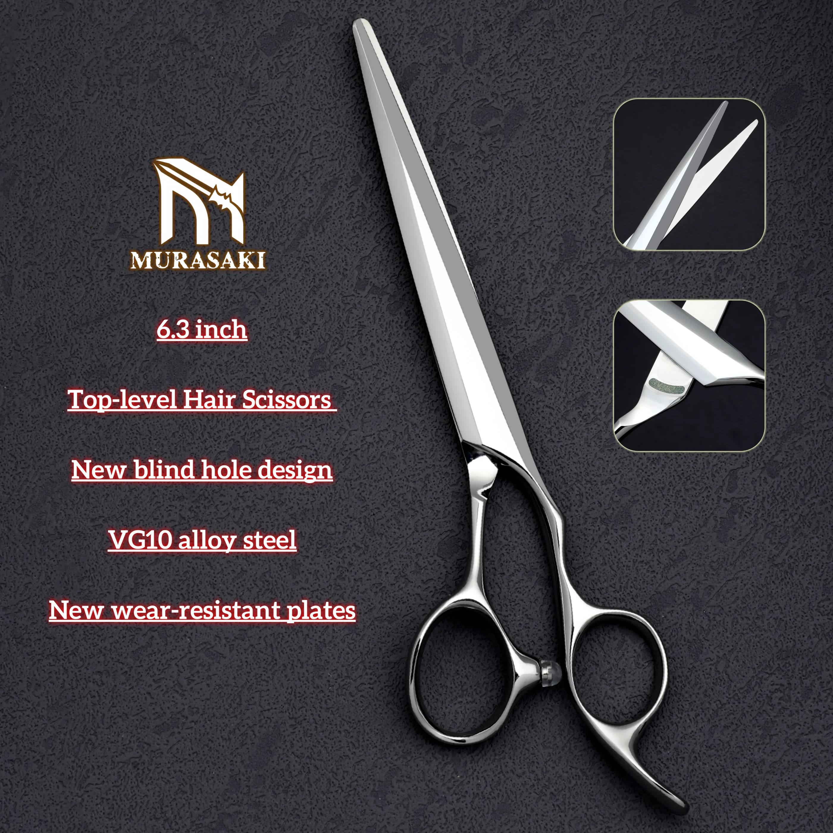 Professional 6.3 inch MURASAKI hair scissors, barber shears with new style blind hole design, cobalt steel barber accessories VG10