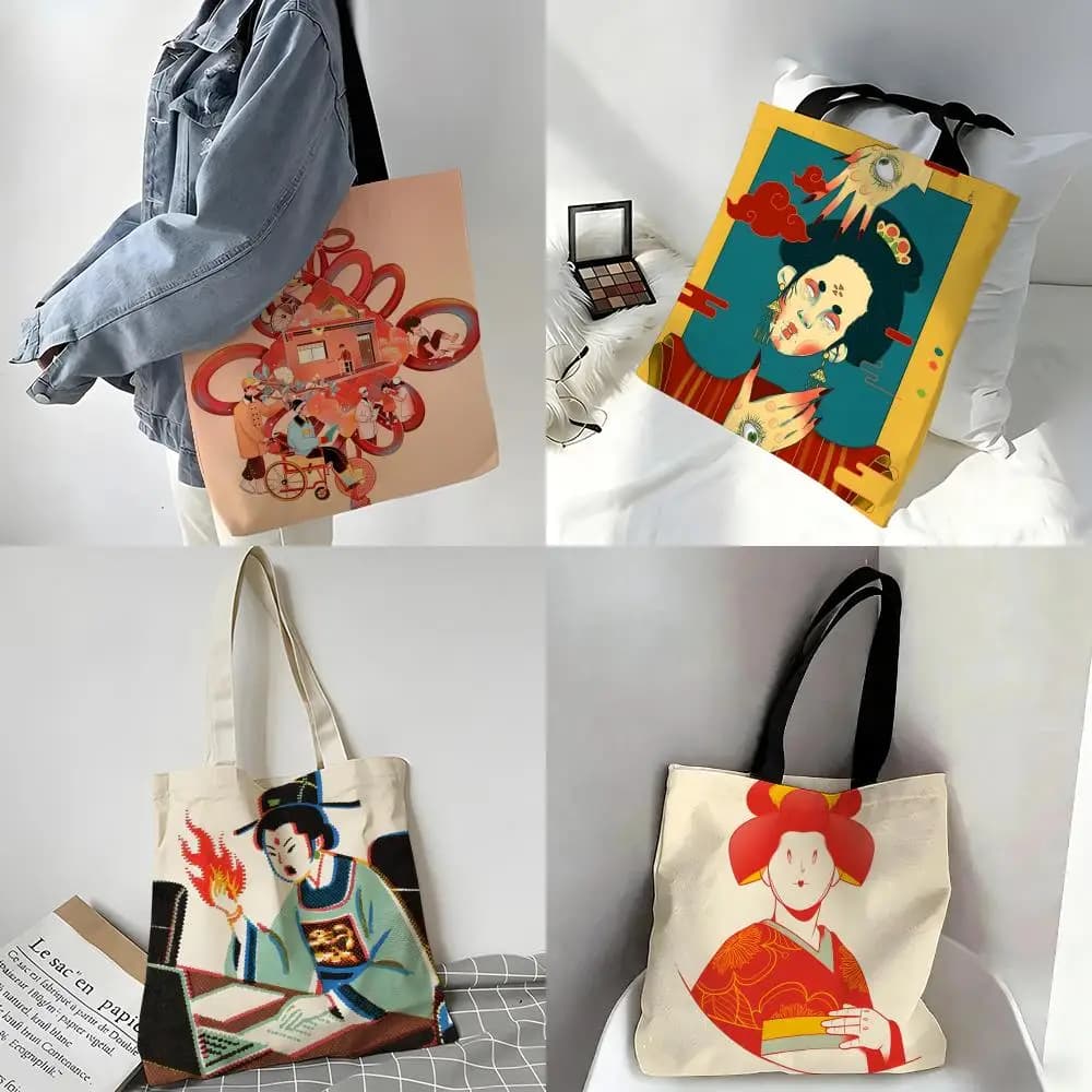 Retro Japanese Aesthetic Print Storage Bags Canvas Tote Bag Large Women's Designer Handbags Shopping Bags for Groceries