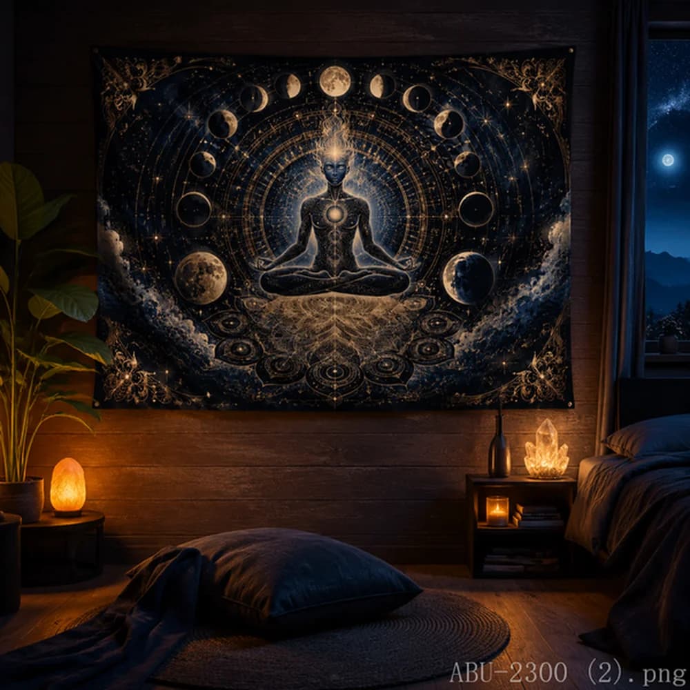 VIKAMA Golden Meditation Tapestry Cosmic Mandala Wall Hanging for Bedroom Spiritual Yoga Decor