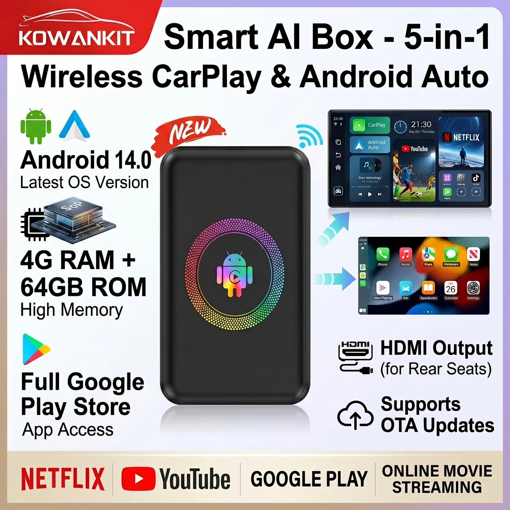 2026 4+64G Android14.0 Wireless CarPlay Ai Box Kowankit Smart HDMI Plug Play Android Auto 5 in 1 Car Tv Box For Netflix YouTube