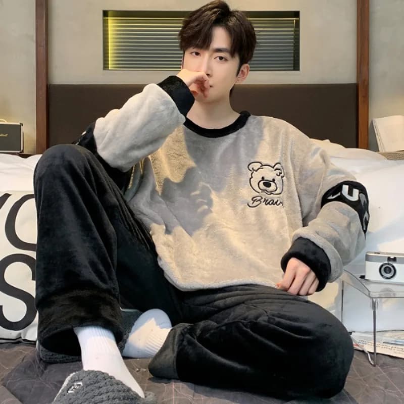 Winter new thickening long sleeve crew neck 2 pieces outfit men's set flannel men's clothing set advanced printing men's seating set