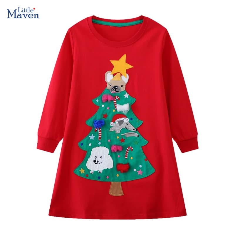 Little maven 2025 Autumn Spring Children's Clothing Baby Girls Kids Clothes Cotton Long Sleeves Cartoon Christmas Tree Dresses