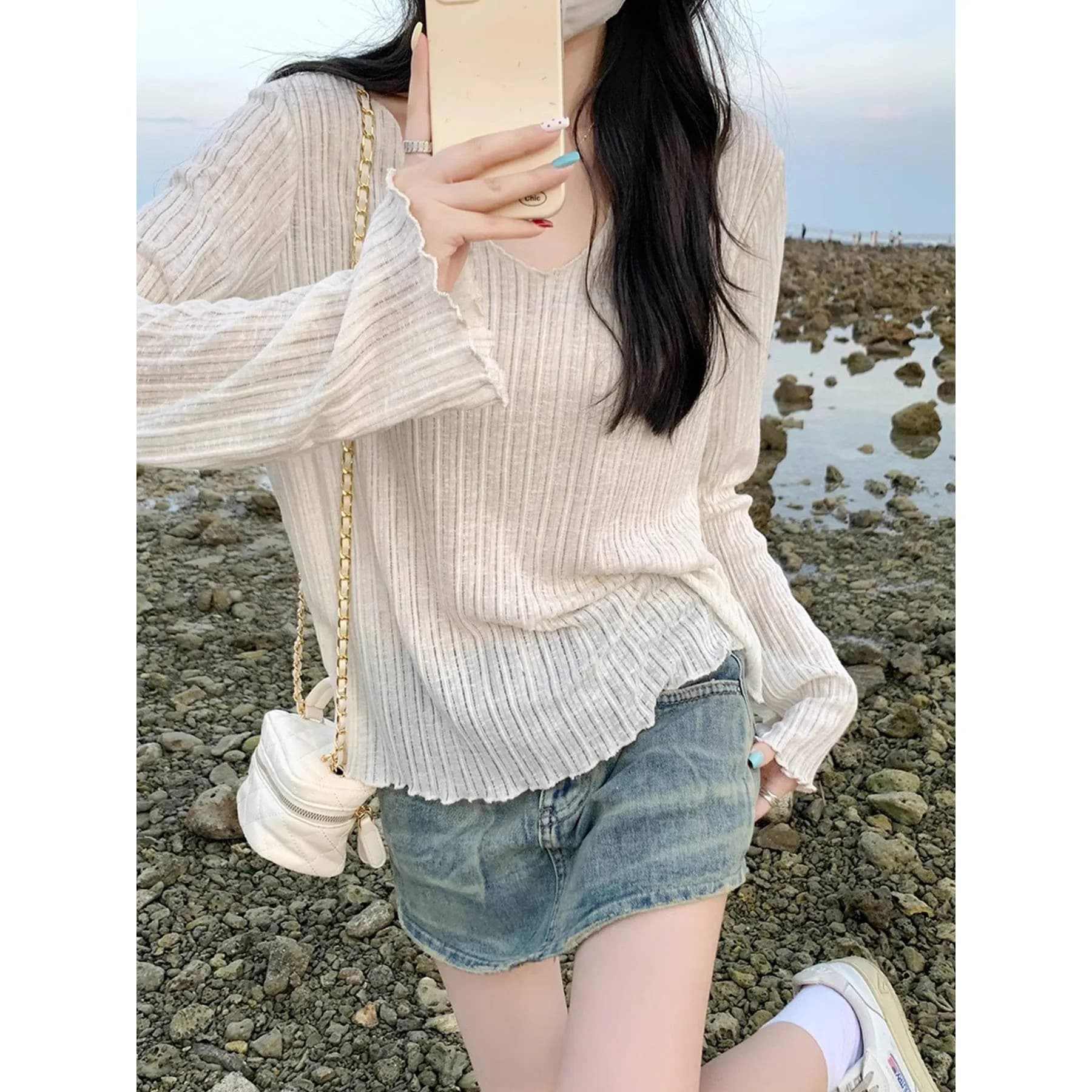 Long Sleeve Blouse Women's Long-sleeve V Neck Loose Fit Blouses Ribbed Knit Sheer Overlay Casual Top Ruffled Cuff Hem Frill