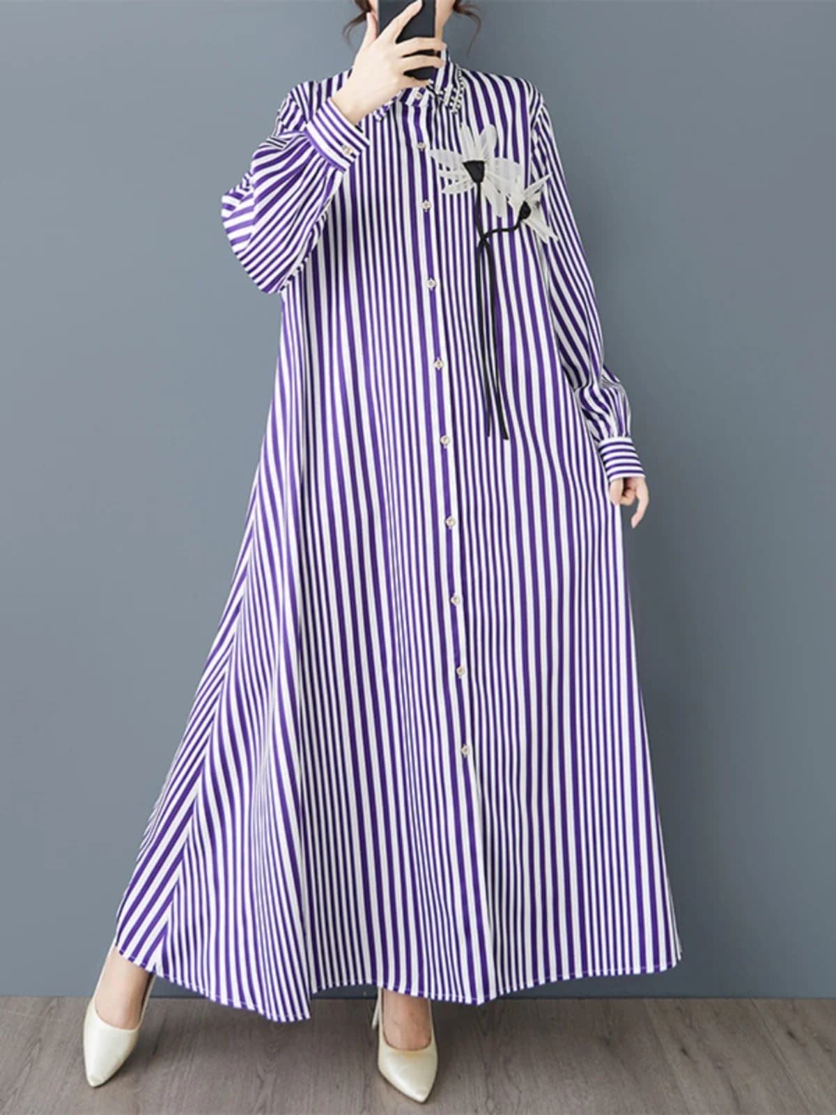 Spring 2025 Stripe Long Shirt Dress Women's Loose Fit Floral 3D Print Versatile Casual Style Spring Commute Dress